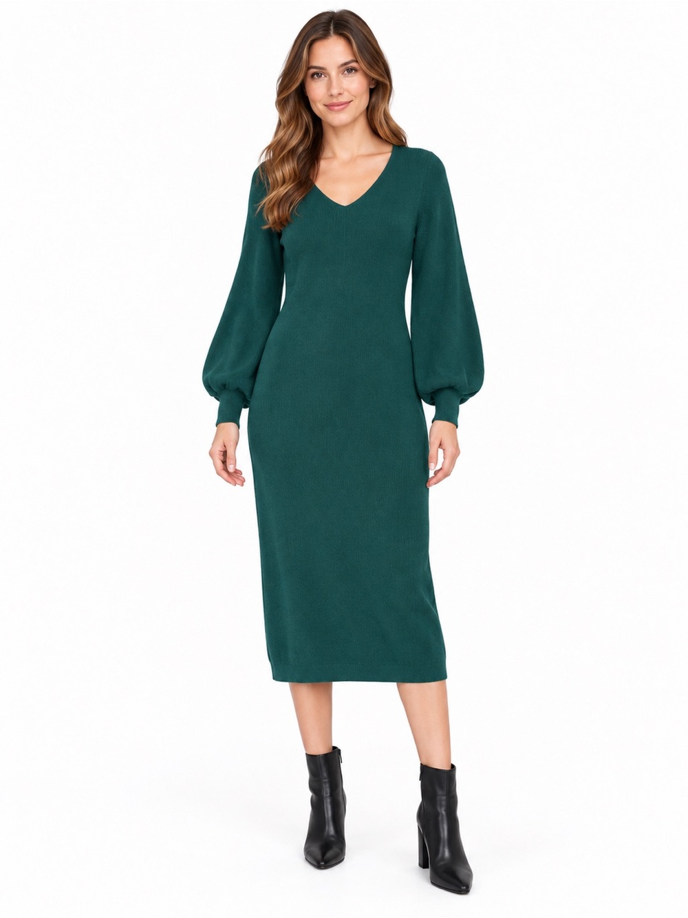 Nina Leonard Sweater Dress Forest Green V-Neck Puff Sleeve Midi Dress